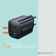 Chargeur VIDVIE PLE248 3A 20W USB+Type-C - Noir - Brandstore