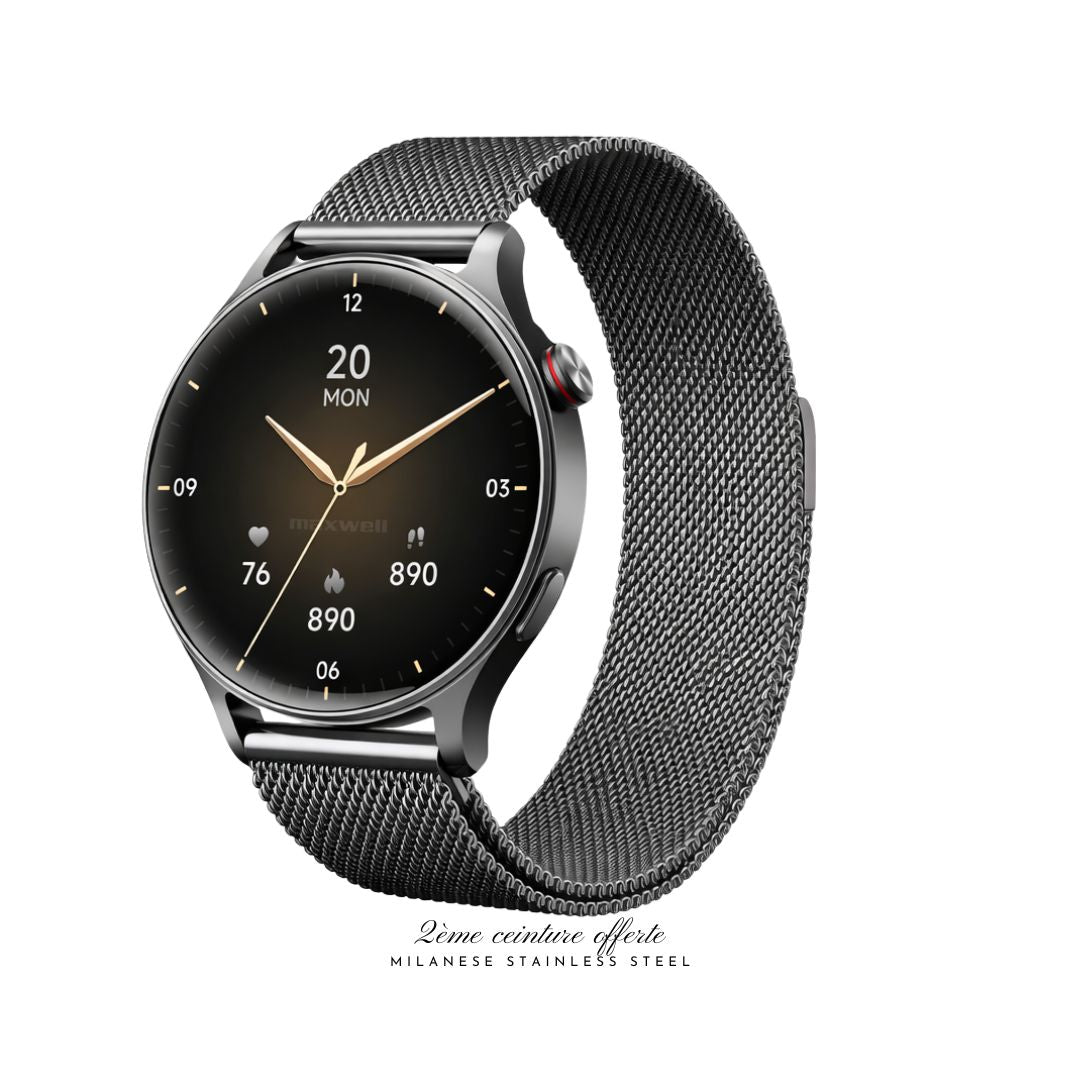Smartwatch AMOLED Maxwell AR01 Black - Suivi de Santé Avancé, Écran AMOLED, Résistant à l'Eau, 120 Modes d'Exercice