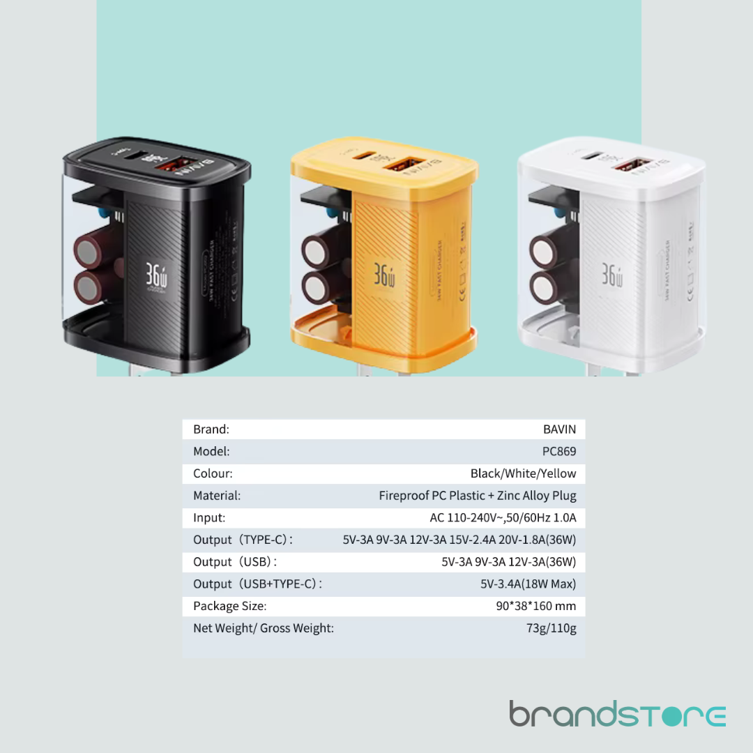 Chargeur Rapide BAVIN PC869Y - 36W Double Port (USB/PD), Compatible Ordinateurs Portables et iPhone 16 Series - Brandstore