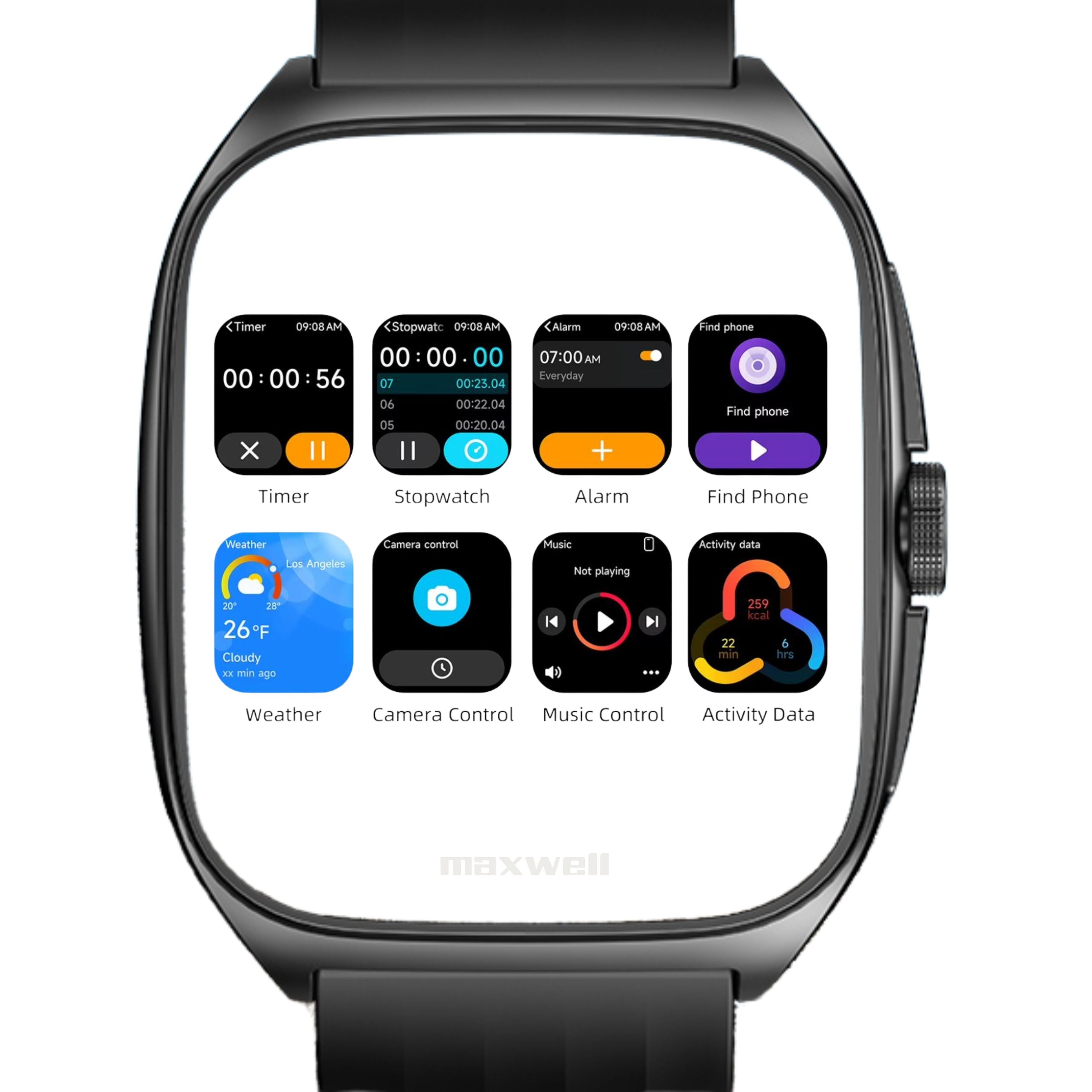 Smartwatch AMOLED Maxwell GTX19 Noir - Écran Incurvé AMOLED, Boîtier Aluminium Léger et Résistant